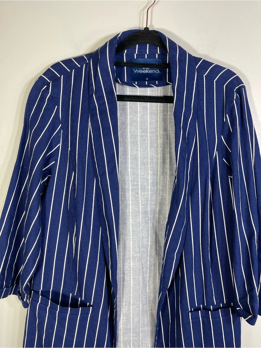 Weekend Women’s Navy Blue White Striped Blazer Jacket Size L